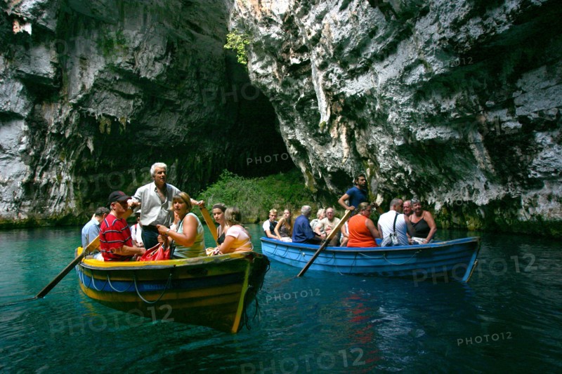 Tourist boat trip, Melissani Lake, Kefalonia, Greece.