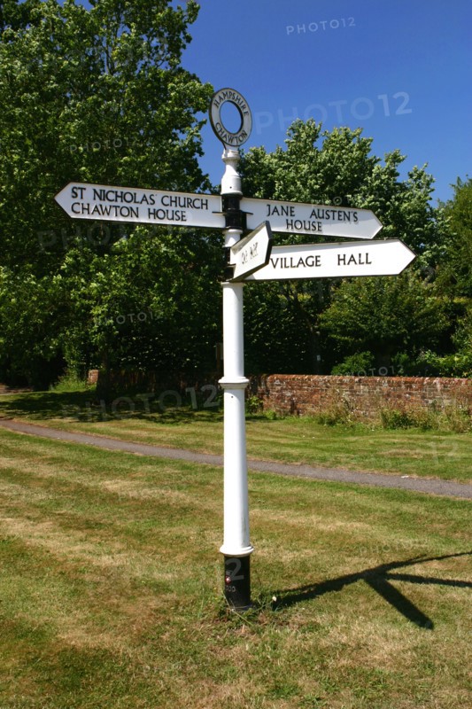 Signpost pointing to Jane Austen's House, Chawton, Hampshire.