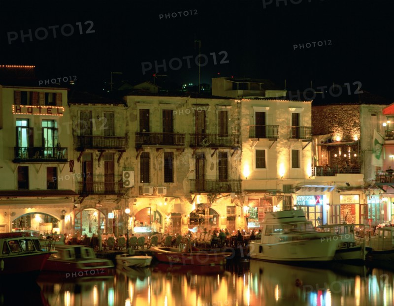 Old Harbour at night, Rethymnon, Crete, Greece.