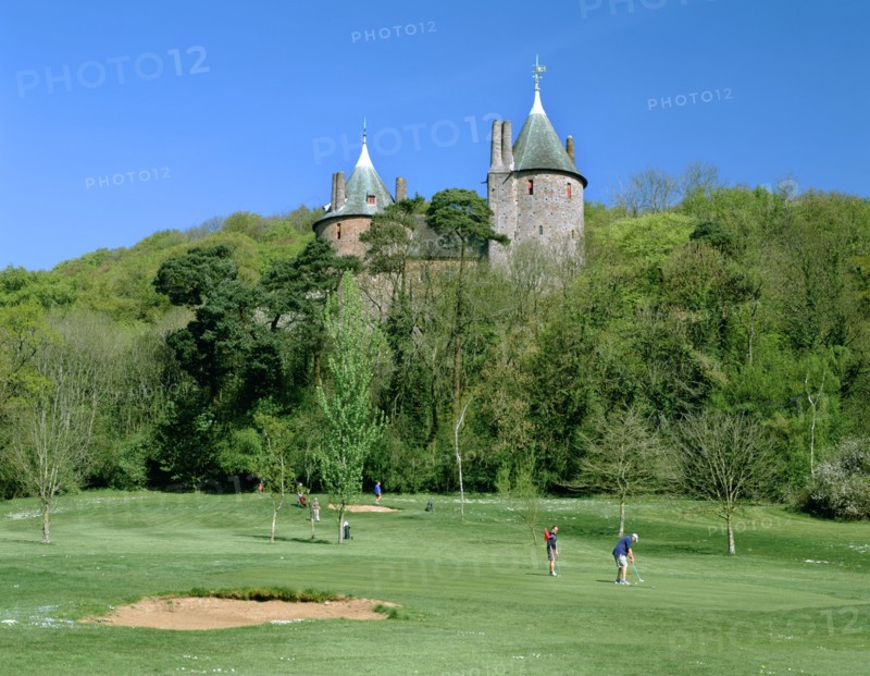 Golf course and Castell Coch, Tongwynlais, near Cardiff, Wales.