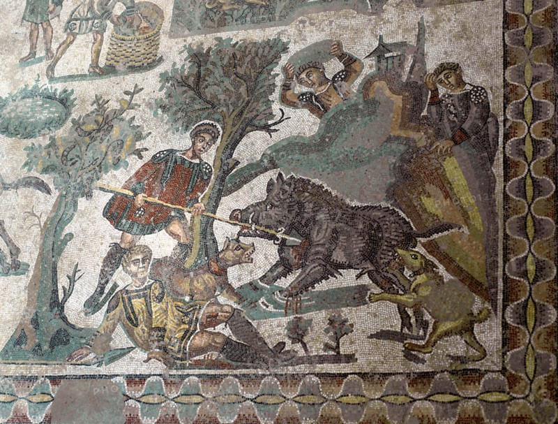 Mosaic in the Roman Villa of Casale, near Piazza Armerina, Sicily, Italy.