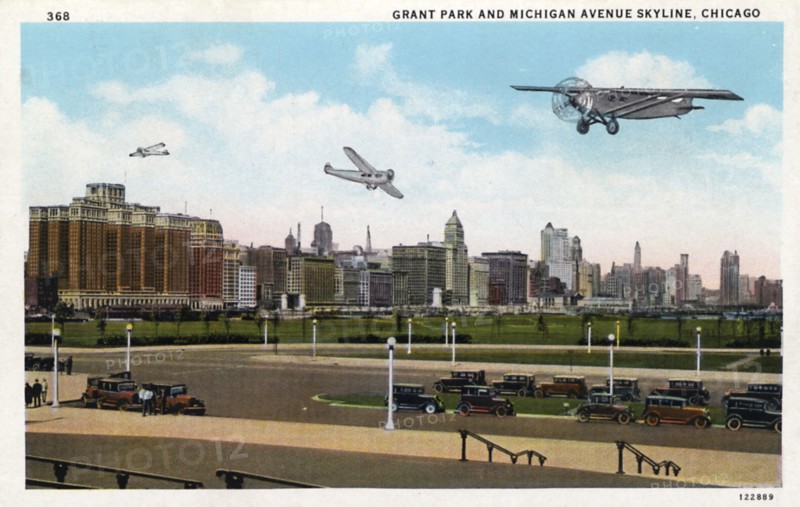 Grant Park and Michigan Avenue skyline, Chicago, Illinois, USA, 1928. Artist: Unknown