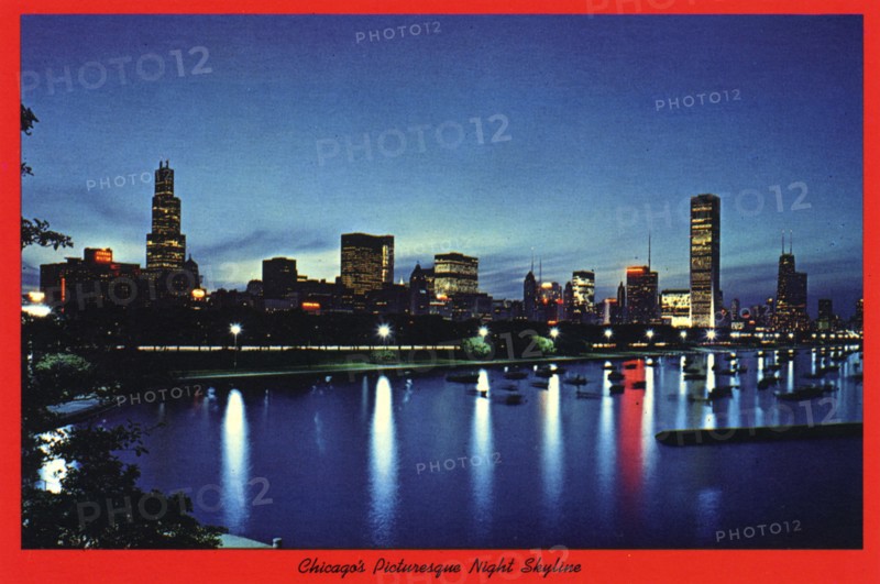 'Chicago's Picturesque Night Skyline', postcard, 1976. Artist: H Mark Weidman