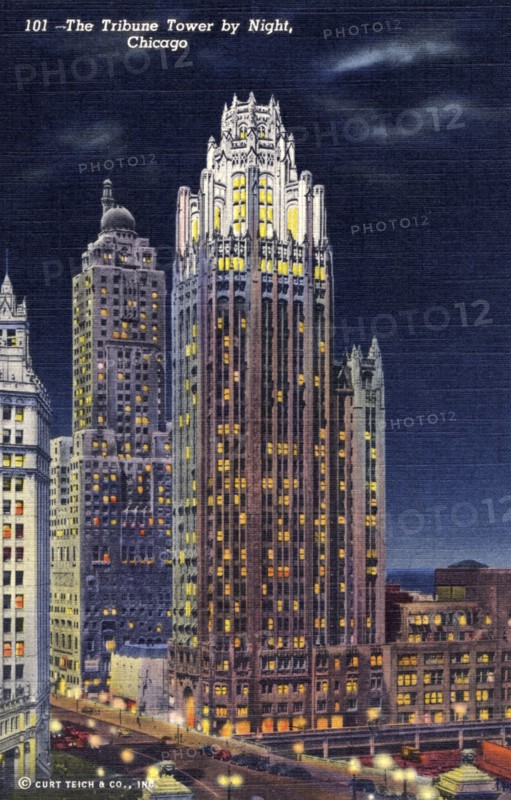 The Tribune Tower by night, Chicago, Illinois, USA, 1941. Artist: Unknown