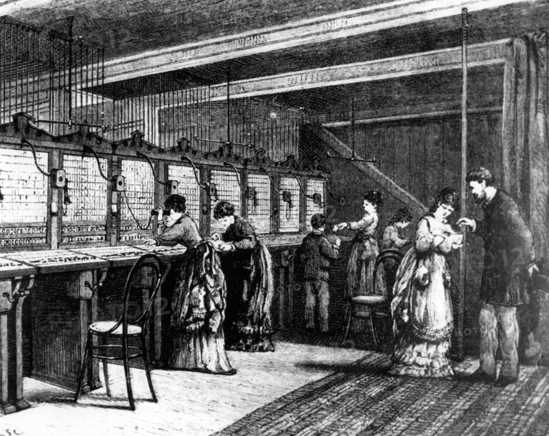 Telephone exchange, late 19th century. Artist: Unknown