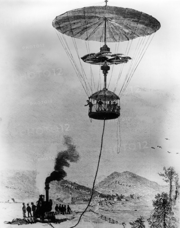 The Elevated Gazebo, J Henry Smith's helicopter, parachute and observation apparatus, 1892. Artist: Unknown