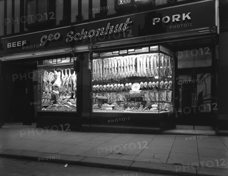 George Schonhut's butcher's shop in Rotherham, South Yorkshire, 1955.  Artist: Michael Walters