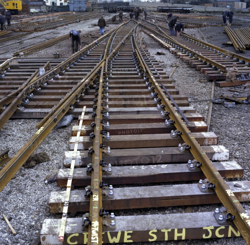 Engineers fabricating a rail junction for the Crewe South Junction before delivery, 1977. Artist: Michael Walters
