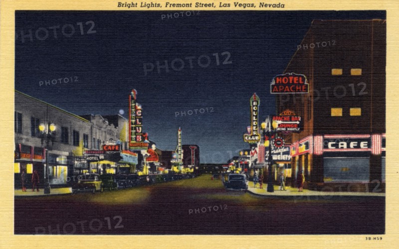'Bright Lights, Fremont Street, Las Vegas, Nevada', postcard, 1943. Artist: Unknown