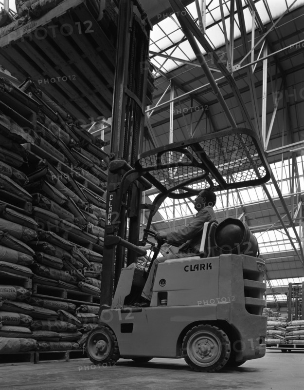 A Clark forklift truck, Spillers Animal Foods, Gainsborough, Lincolnshire, 1962. Artist: Michael Walters