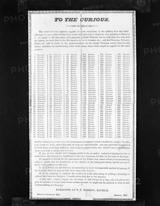 240 ways to spell scissors, newspaper cutting from 1829, copied in 1963.  Artist: Michael Walters