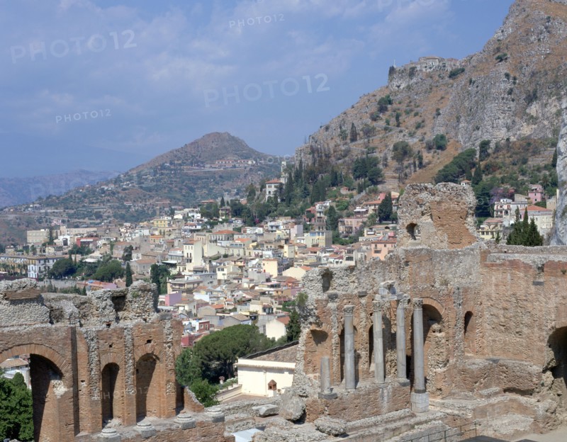Greek theatre and town, Taormina, Sicily, Italy.