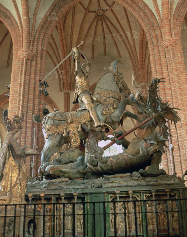 St George and the Dragon statue, inside the Storkyrkan Church, Stockholm, Sweden.