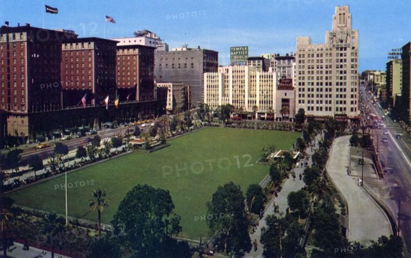 Pershing Square showing the Biltmore Hotel, Los Angeles, California, USA, 1953. Artist: Unknown