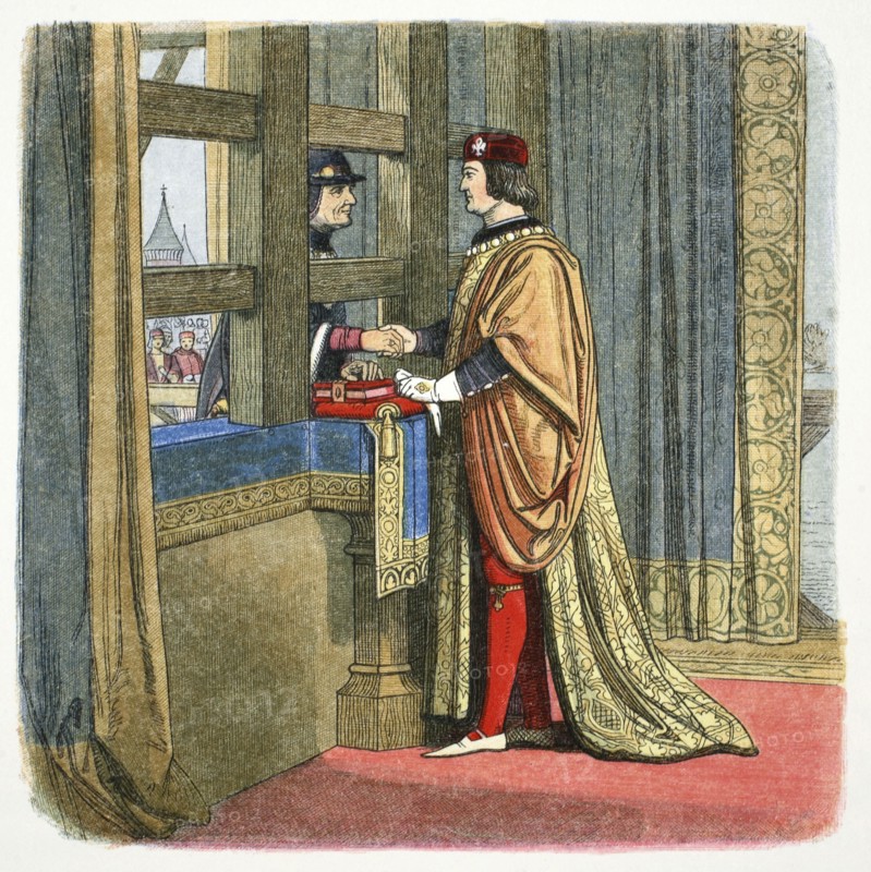 Meeting of Edward IV of England and Louis XI of France at Picquigny, France, 1475 (1864). Artist: James William Edmund Doyle