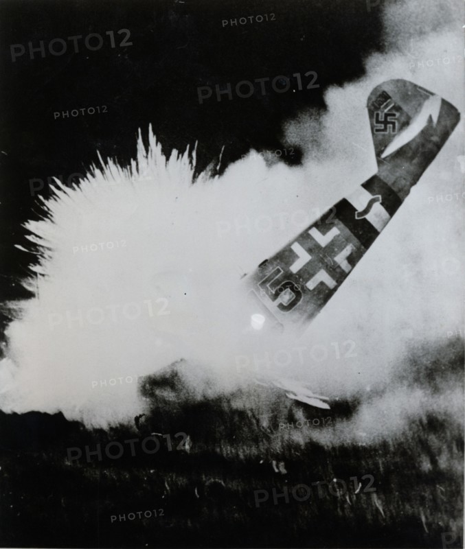German fighter aircraft Messerschmitt crashes and explodes, c1939-c45. Artist: Unknown
