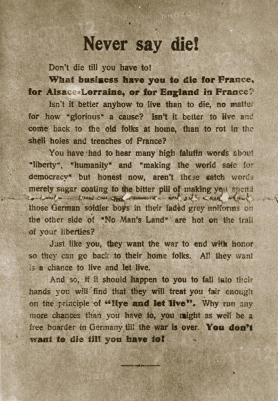 'Never say die', German propaganda leaflet, World War I, 1918. Artist: Unknown