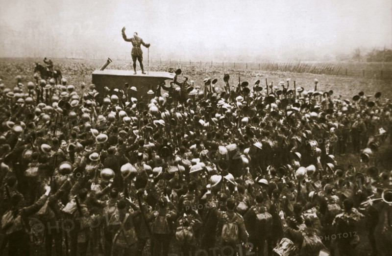 Colonel and men of the 9th East Surrey Regiment cheering the King, France, 12 November, 1918. Artist: Unknown
