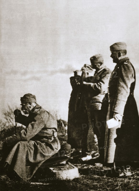 King Peter I of Serbia watching the retreat of his defeated army, 1914. Artist: Unknown