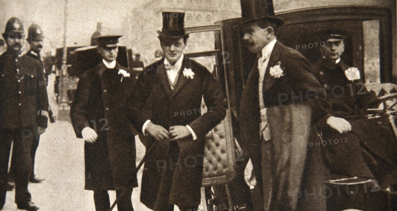 Winston Churchill arriving at the doors of St Margaret's, Westminster, on his wedding day, 1908. Creator: Unknown.