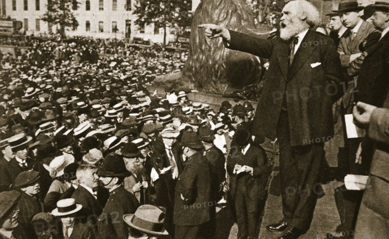 Keir Hardie speaking at a peace rally in Trafalgar Square, 2nd August, 1914.  Artist: S and G