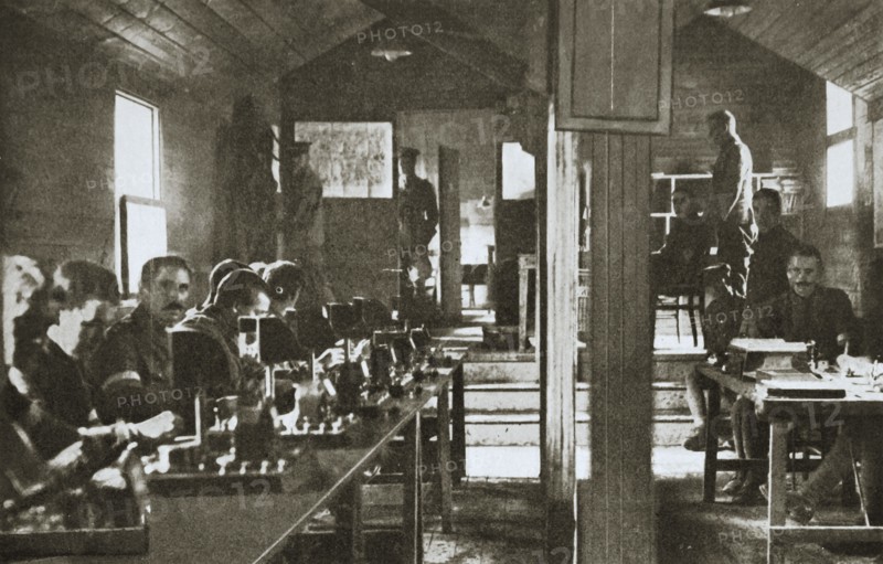 Interior of a signal exchange during the Battle of the Somme, France, World War I, 1916. Artist: Unknown