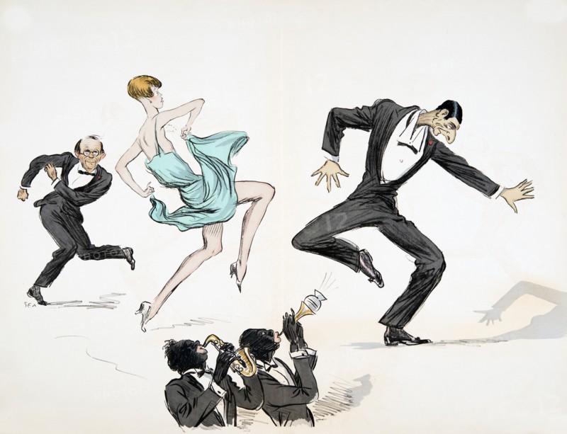 Two men in black tie and woman in bright blue dress dance to jazz, from 'White Bottoms' pub. 1927.