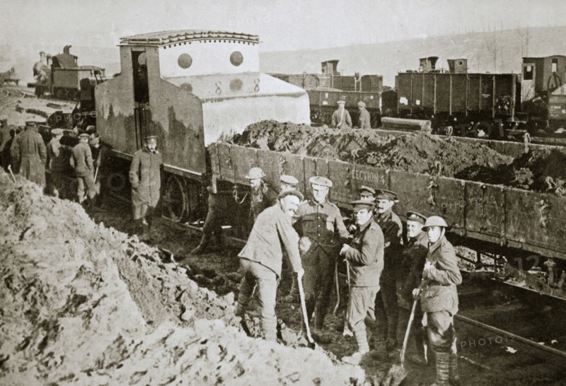 British armoured railway engine, France, World War I, 1916. Artist: Unknown