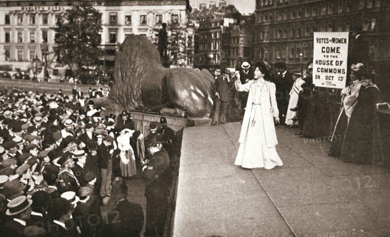 Christabel Pankhurst, British suffragette, addressing a crowd in Trafalgar Square, London, 1908. Artist: Unknown