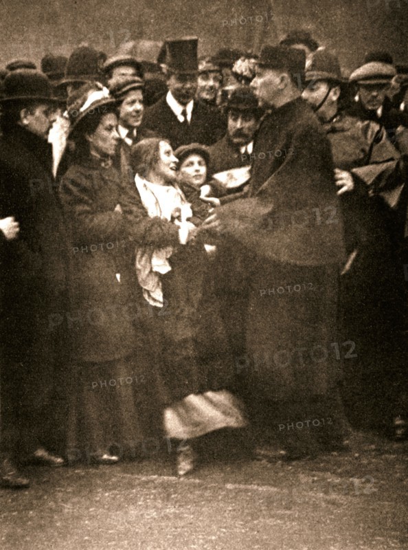 The arrest of suffragette Dora Marsden, 30 March 1909. Artist: Unknown