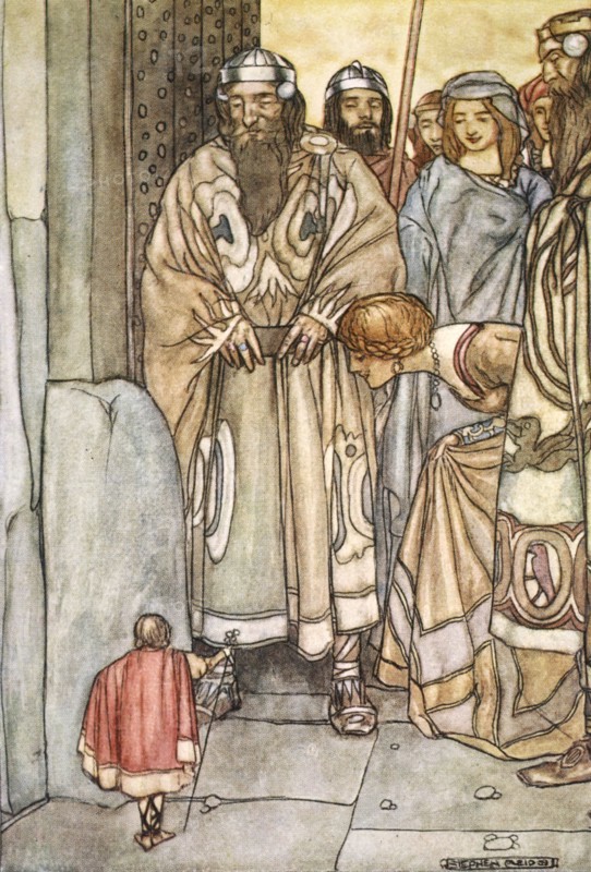 'They all trooped out, lords and ladies, to view the wee man', c1910.  Artist: Stephen Reid