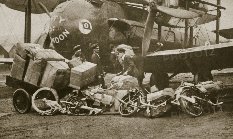 Loading Vickers-Vimy aircraft 'City of London' with motorbike frames for Cologne, c1919-c1929(?) Artist: Unknown