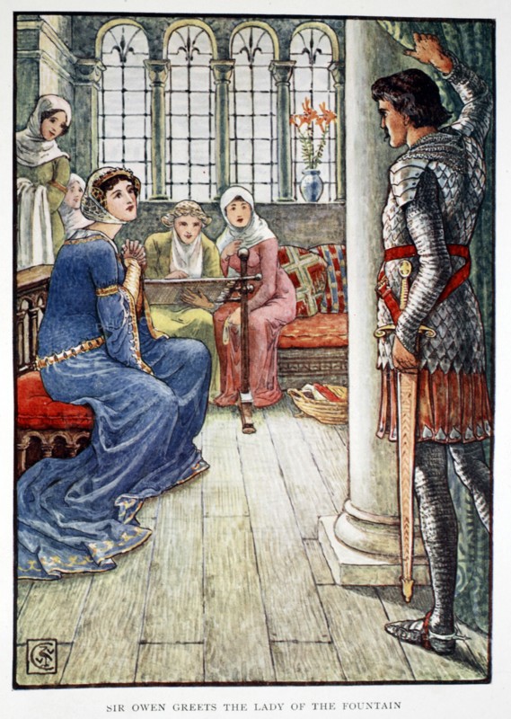 'Sir Owen Greets the Lady of the Fountain', 1911. Artist: Unknown