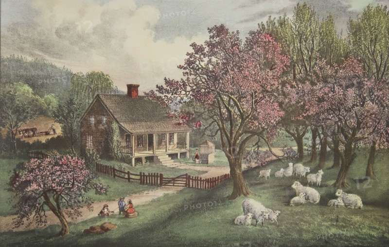 American Homestead - Spring, pub. 1869,  Currier & Ives (Colour Lithograph)