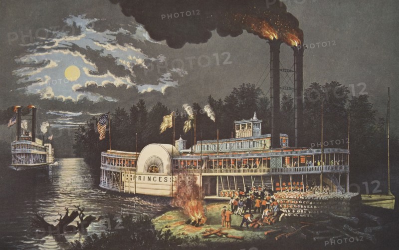 'Wooding Up' On The Mississippi, pub. 1863, Currier & Ives (Colour Lithograph)