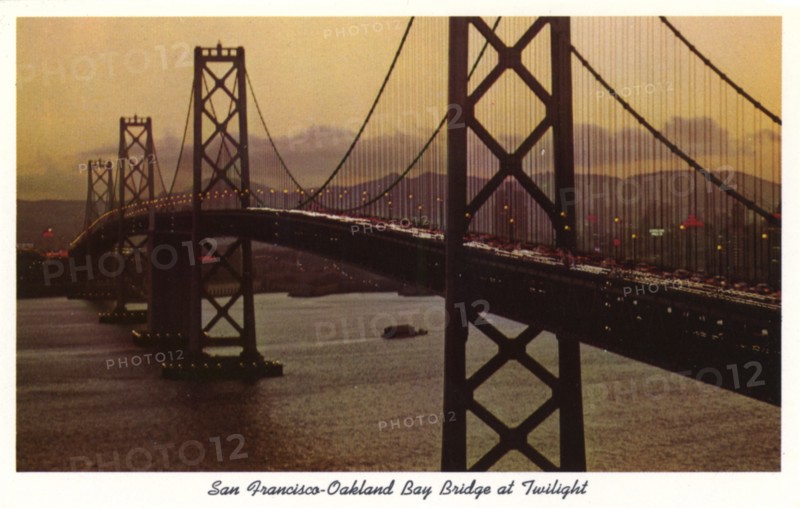 San Francisco-Oakland Bay Bridge at Twilight, San Francisco, California, USA, 1957. Artist: Unknown