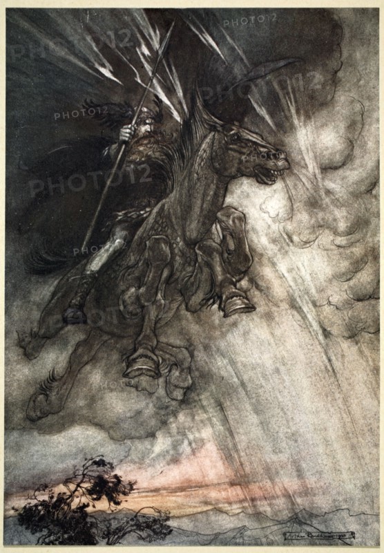 'Raging, Wotan Rides to the Rock! Like a Storm-wind he comes!', 1910.  Artist: Arthur Rackham