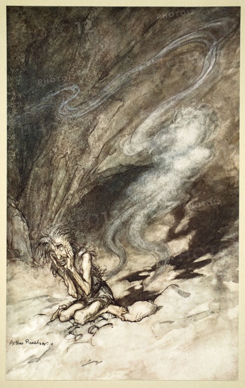 'Mime writhes under the lashes he receives', 1910.  Artist: Arthur Rackham