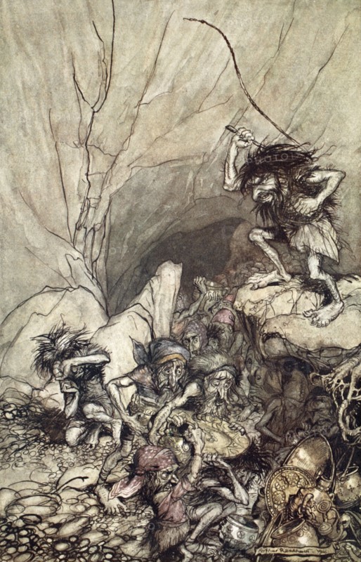 'Alberich drives in a band of Nibelungs with gold and silver treasures', 1910.  Artist: Arthur Rackham