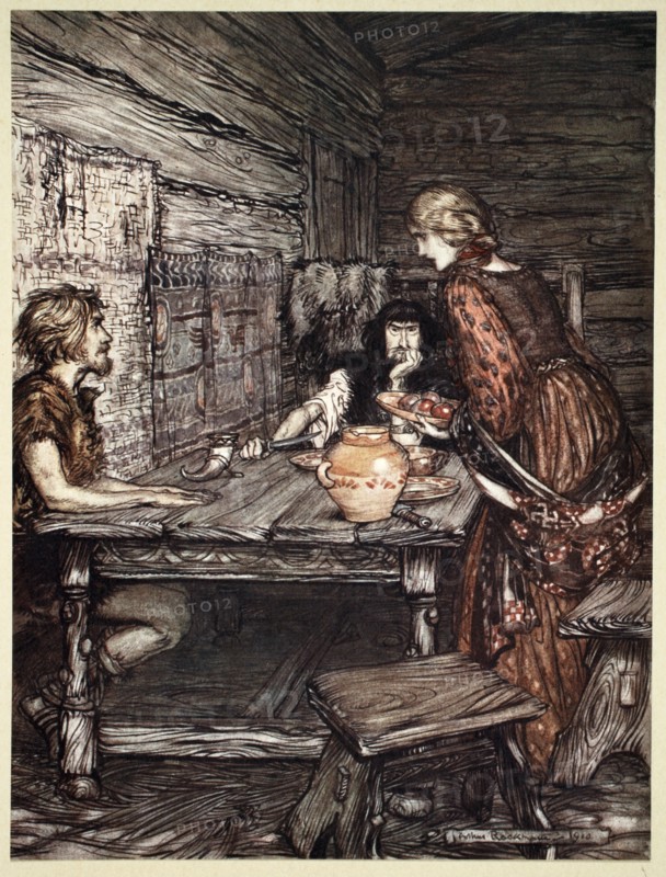'Hunding discovers the likeness between Siegmund and Sieglunde', 1910.  Artist: Arthur Rackham