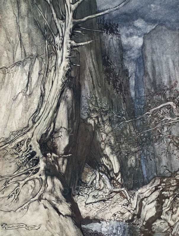 'There is a dread Dragon he sojourns, and in a cave keeps watch over Alberich's ring', 1910.  Artist: Arthur Rackham