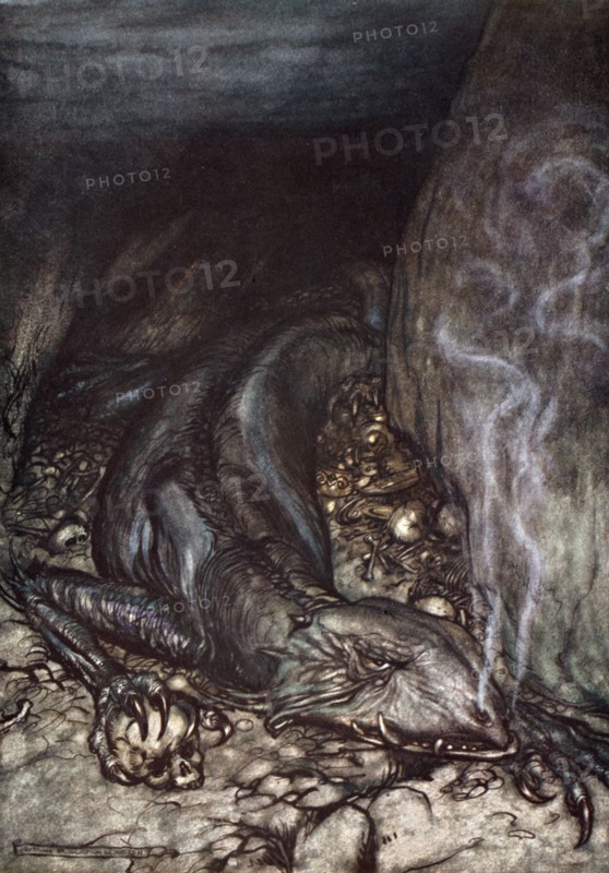 'In dragon's form Fafner now watches the hoard', 1924.  Artist: Arthur Rackham