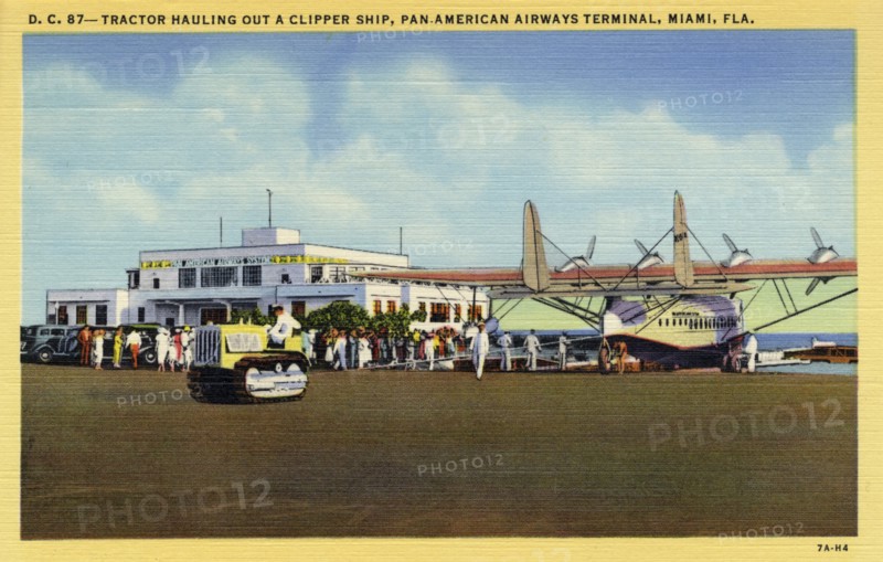 Tractor hauling out a flying boat, Pan-American Airways terminal, Miami, Florida, USA, 1937. Artist: Unknown