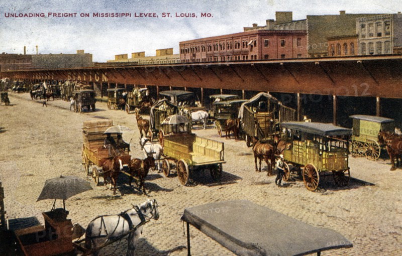 Unloading freight on the Mississippi levee, St Louis, Missouri, USA, 1911. Artist: Unknown