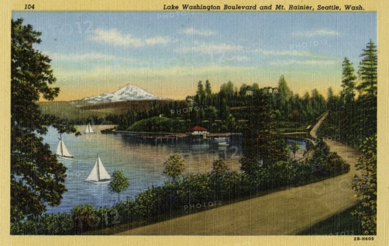 Lake Washington Boulevard and Mt. Rainier, Seattle, Washington, 1942. Artist: Unknown