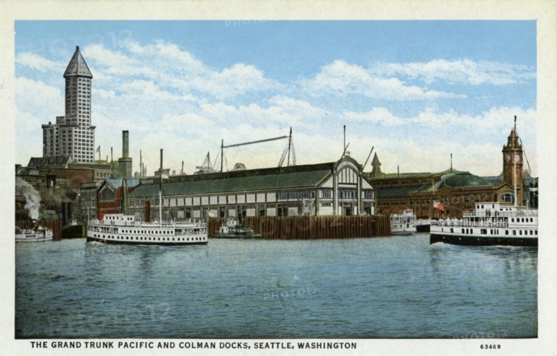 The Grand Trunk Pacific and Colman Docks, Seattle, Washington, USA, 1916. Artist: Unknown