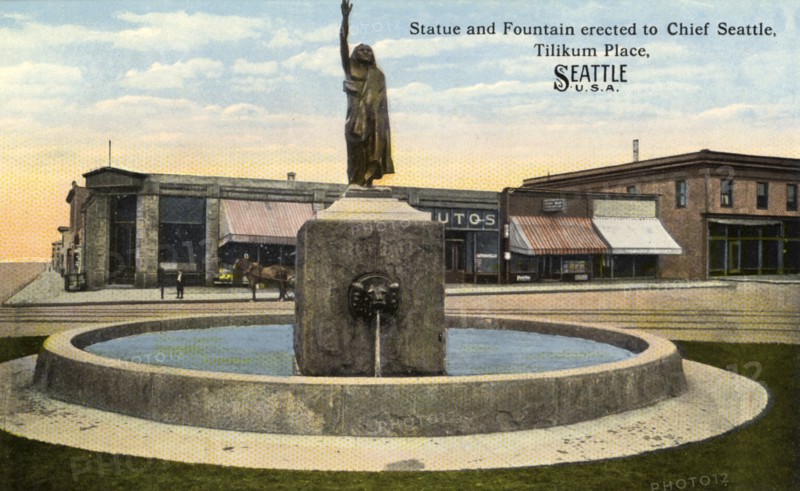 Statue and fountain dedicated to Chief Seattle, Tilikum Place, Seattle, Washington, USA, 1913. Artist: Unknown