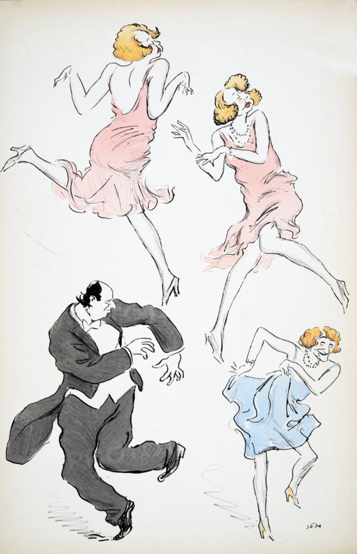 Three illustrations of transvestites in blue and pink dresses dancing with a larger gentleman in whi