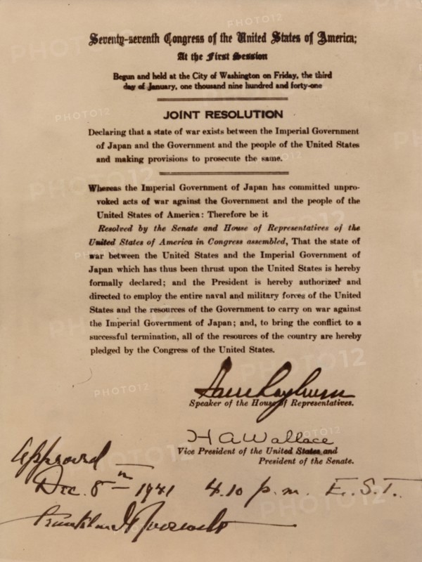 Declaration of war by the United States against Japan, 8 December 1941. Artist: Unknown