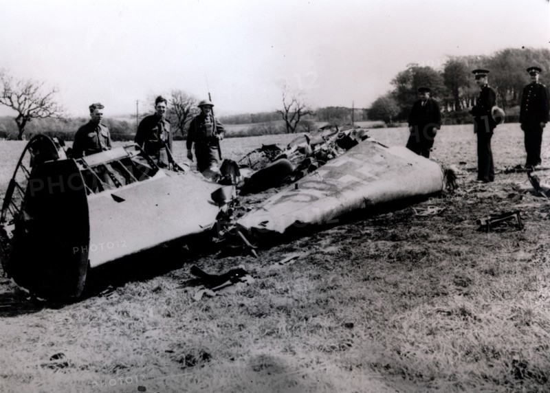 The wreckage of Rudolf Hess's Messerschmidt Bf 110 aircraft, Scotland, World War II, May 1941. Artist: Unknown